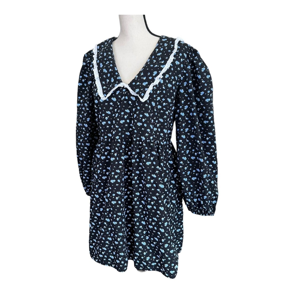 Miss Selfridge Womens Collared Smock Dress Blue Floral Print Long Puff Sleeve 14